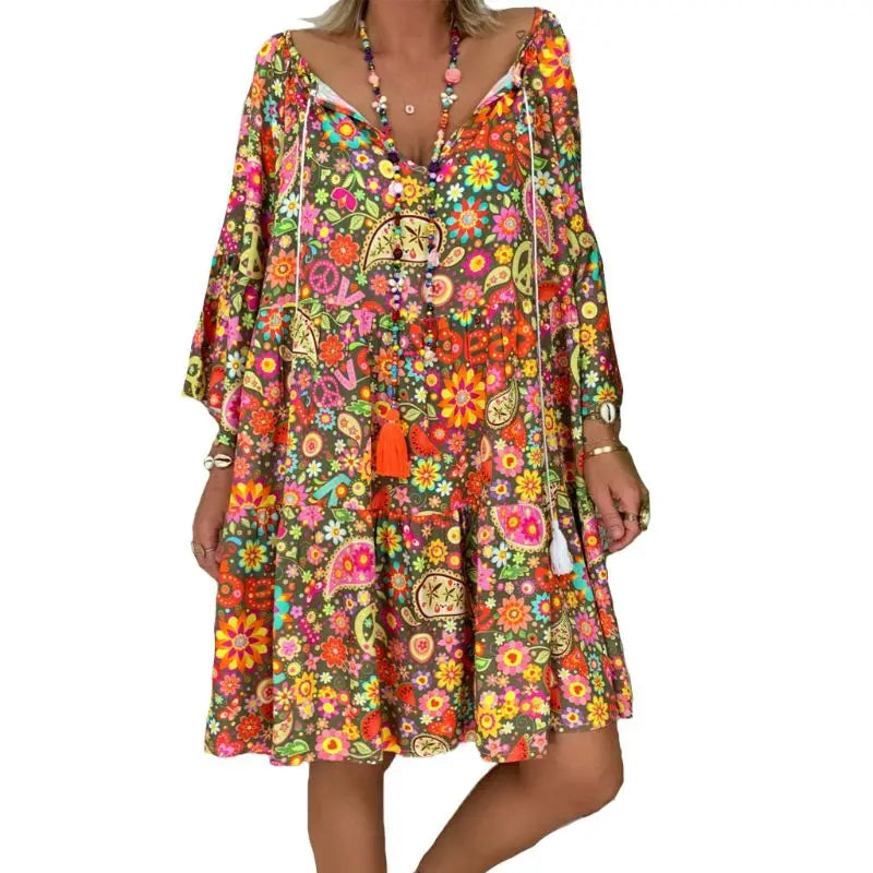 Murgröna - Vintage Snygg Boho Blommönster Lös långärmad klänning för kvinnor