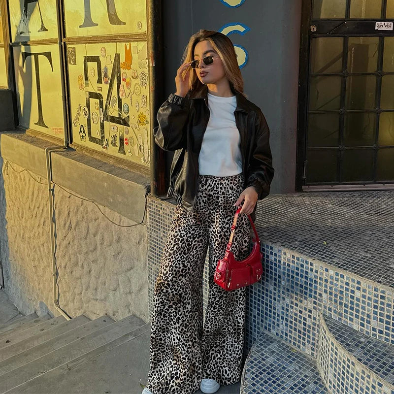 Letitia - Vintage løse brede bukser med leopardprint til kvinder