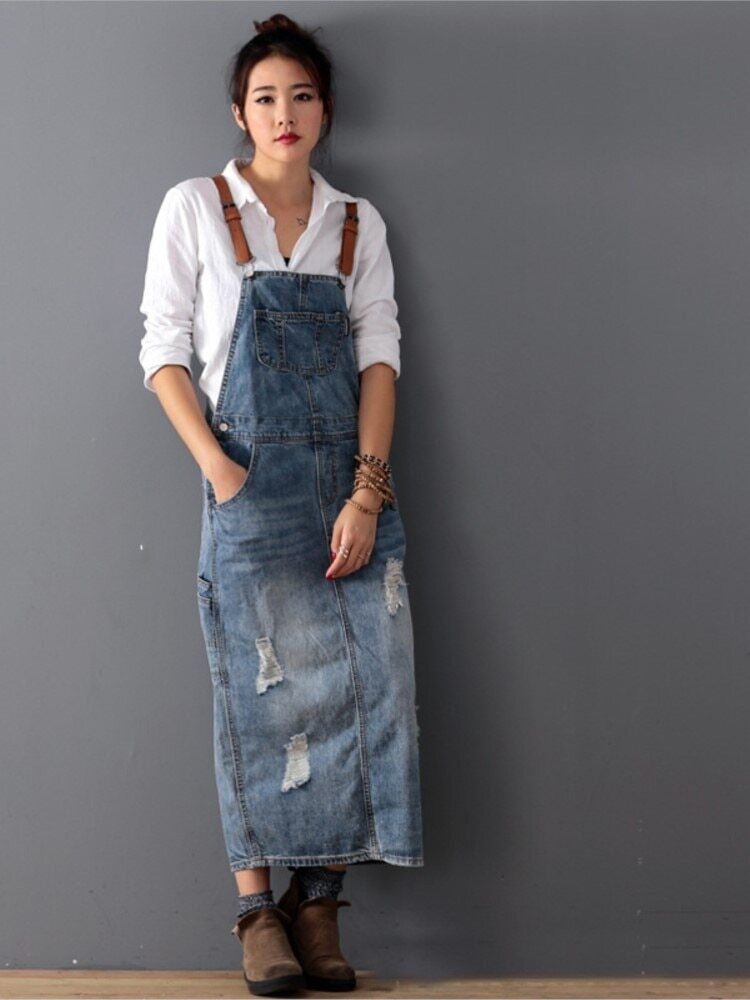 Romilly - Revet denim overalls kjole