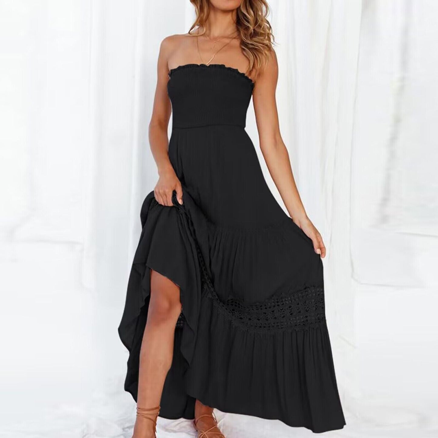 Celeste - Sommar off-the-shoulder klänning med spetskant