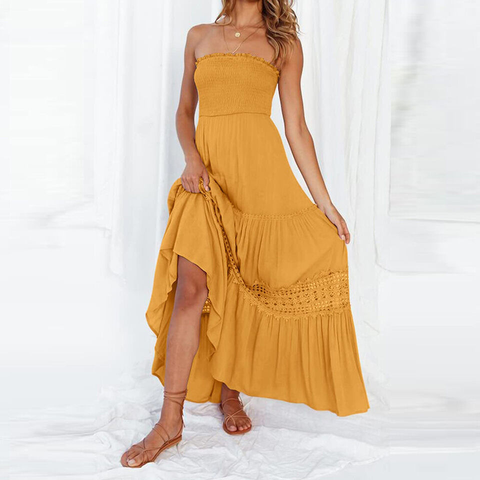 Celeste - Sommar off-the-shoulder klänning med spetskant