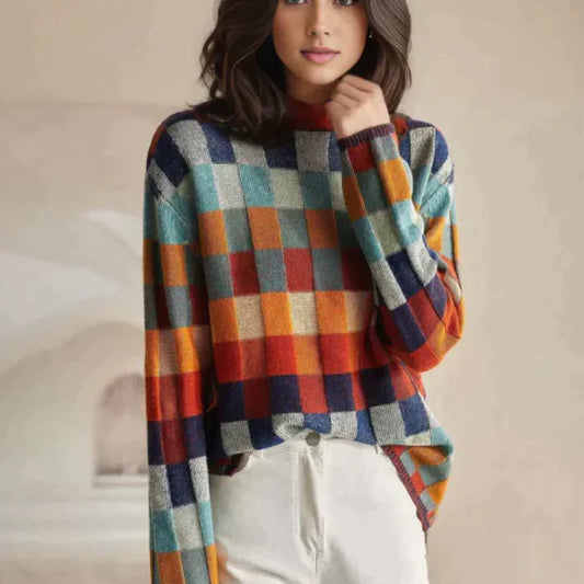 Doris - Patchwork-sweater med rullekrave